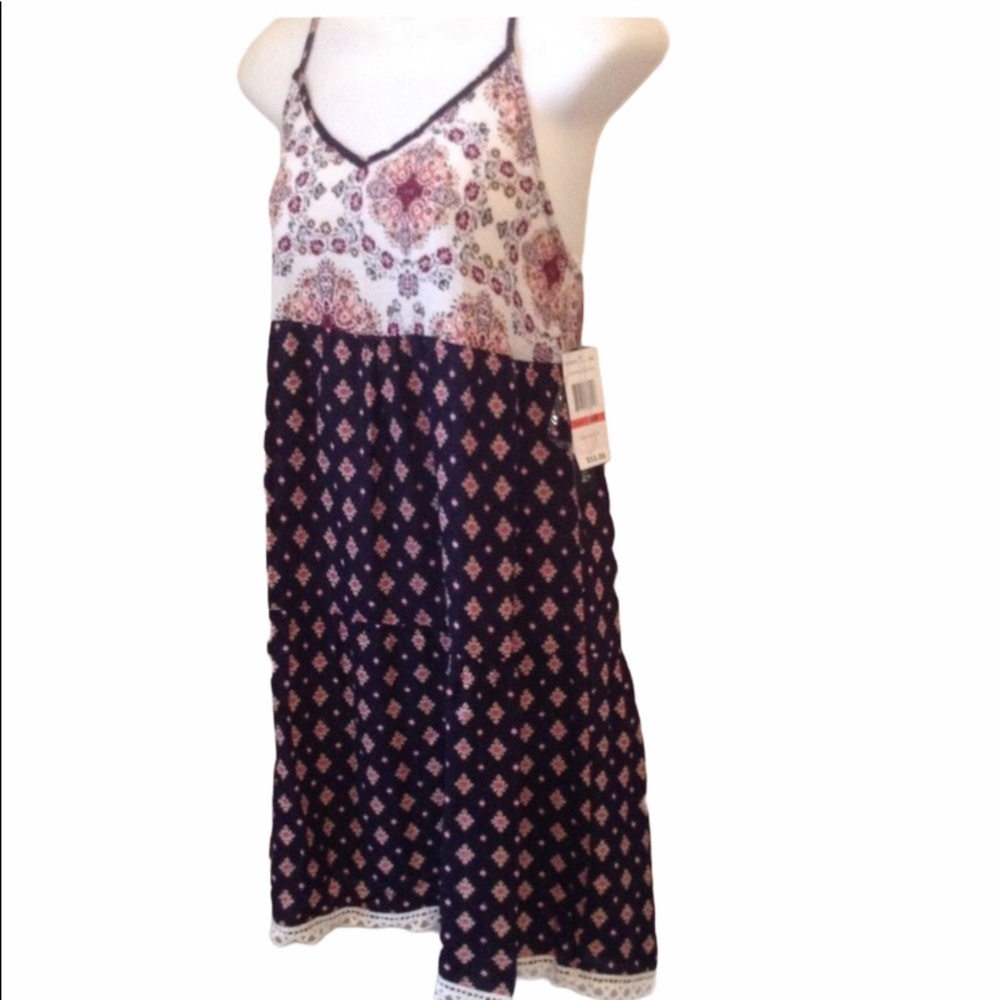 Lace Trim Slip Dress Criss Cross Back Empire Waist Navy Multi Rayon Size XS NWT
